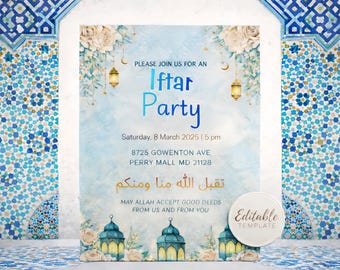 Puede incluir: Invitación a una fiesta de Iftar con un fondo de acuarela azul claro, linternas doradas y detalles florales. El texto está en inglés y árabe. La fecha es el sábado 8 de marzo de 2025 a las 17:00 horas. Invitación a una fiesta de Iftar.