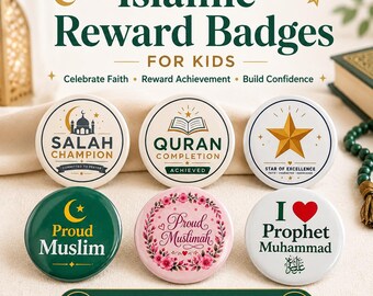 Insignias de recompensa islámicas para niños / Completar el Corán, Campeón de Salah, Musulmán orgulloso, Musulmana orgullosa y Pines de logros