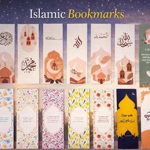 May include: A collection of fourteen rectangular bookmarks featuring various designs, including Arabic calligraphy, mosque silhouettes, crescent moons, floral patterns, and inspirational text such as O Allah! Increase me in knowledge.