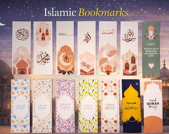 Puede incluir: Una colección de catorce marcapáginas rectangulares con diversos diseños, que incluyen caligrafía árabe, siluetas de mezquitas, lunas crecientes, motivos florales y textos inspiradores como O Allah! Increase me in knowledge.