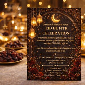 May include: A rectangular Eid ul Fitr celebration invitation card featuring a black background with gold crescent moon, hanging lanterns, and red roses. The text includes Bismillah in-Rahman in-Rahim, event details, and placeholders for date, time, venue, and RSVP information.