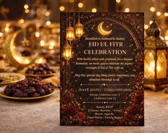 May include: A rectangular Eid ul Fitr celebration invitation card featuring a black background with gold crescent moon, hanging lanterns, and red roses. The text includes Bismillah in-Rahman in-Rahim, event details, and placeholders for date, time, venue, and RSVP information.