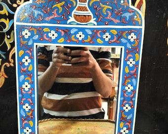 Authentic Hand-Painted Moroccan Mirror , Handcrafted Zouaq Wood Wall Decor , handmade Blue Mirror