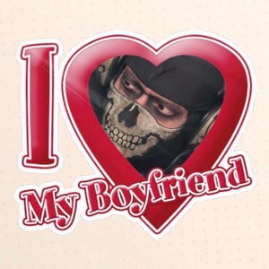 May include: A red sticker with the words "I Love My Boyfriend" in a heart-shaped design. The heart frames a character wearing a skull mask. The background is a light peach color.