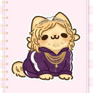 May include: A cartoon illustration of a dog wearing a purple tracksuit with gold chains and a cross pendant. The dog has blonde hair and a tiara. The background is a pink notebook page.