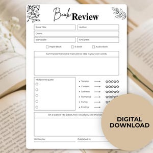 Buchbesprechung | Buchbesprechung Vorlage | Lesetagebuch | Buch Tracker | Buch Bewertung & Anmerkung Tracker | Druckbare PDF |