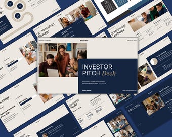 Może przedstawiać: Zestaw prezentacji w kolorze granatowym i kremowym. Centralny slajd zawiera napis "INVESTOR PITCH Deck" z podtytułem "Empowering Small Business Growth with Innovative Solutions". Inne slajdy zawierają "Go-To-Market Strategy" i "Business Model."