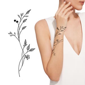 Minimalist Wraparound Arm Tattoo Design, DIGITAL FILE, Line Art Flower Tattoo, Black Ink, Feminine Wrist Tattoo Body Art, Abstract Florals