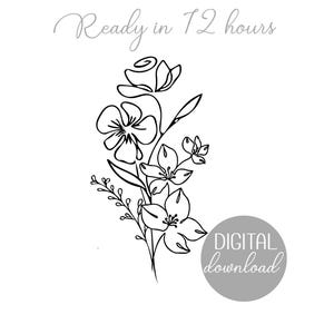 Op de afbeelding: Een zwart-witte lijntekening van een bloemenboeket. De afbeelding bevat een roos, andere bloemen en bladeren. De tekst bovenaan luidt "Ready in 12 hours". Een grijze cirkel met "DIGITAL download" staat onderaan.