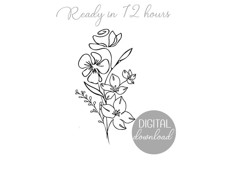 Op de afbeelding: Een zwart-witte lijntekening van een bloemenboeket. De afbeelding bevat een roos, andere bloemen en bladeren. De tekst bovenaan luidt "Ready in 12 hours". Een grijze cirkel met "DIGITAL download" staat onderaan.