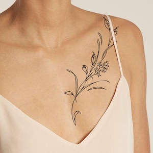 Vildblomstatueringsdesign, minimalistisk bröstbensstencil, blommig finlinjekonst (digital nedladdning)