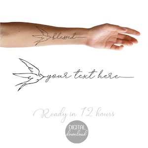 Puede incluir: Diseño de tatuaje en línea negra con una golondrina y la palabra "blessed". Debajo, un diseño similar con una golondrina y el texto "your text here". La imagen también incluye el texto "Ready in 12 hours" y "DIGITAL download".