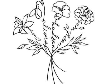 Custom Birth Flower Tattoo Design, Fine Line Floral Bouquet (Digital Download)