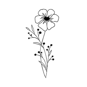 Könnte beinhalten: Schwarz-weiße Strichzeichnung einer Blume. Das Bild zeigt einen Blütenkopf mit fünf Blütenblättern, einen Stiel, Blätter und kleine, runde Beeren. Die Blume befindet sich oben, wobei sich der Stiel nach unten erstreckt.