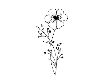 Cosmos October Flower Simple Black Tattoo Design Line Art, Birth Flower Instant Download, Tattoo Floral Design, Simple Birth Flower Line Art