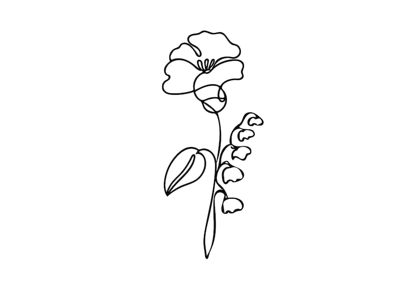 Op de afbeelding: Een zwarte lijntekening van een bloem met een grote bloem, een blad en een tros klokvormige bloemen. Het kunstwerk is een minimalistische botanische illustratie op een witte achtergrond.