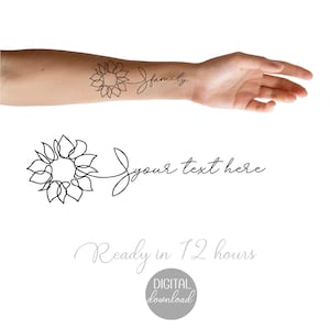 Custom Sunflower Tattoo with Text, Flower Stencil, Fine Line Small Tattoo Design, Black Ink Tattoo Commission, Personalized Tiny Tattoo Word