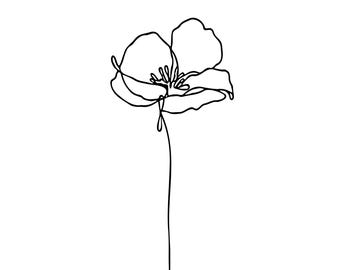 Mohnblume Line Art Tattoo Design: Minimalistische Blumen Illustration (Digital Download, 20x25cm, anpassbare Größe)