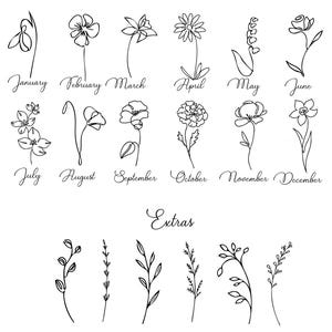 Op de afbeelding: Zwarte lijntekeningen van bloemen die elke maand vertegenwoordigen, met de naam van de maand eronder geschreven. Extra botanische illustraties zijn onderaan opgenomen, allemaal op een witte achtergrond.