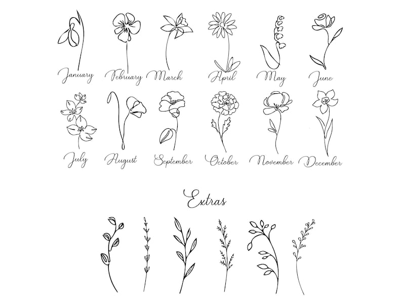 Op de afbeelding: Zwarte lijntekeningen van bloemen die elke maand vertegenwoordigen, met de naam van de maand eronder geschreven. Extra botanische illustraties zijn onderaan opgenomen, allemaal op een witte achtergrond.