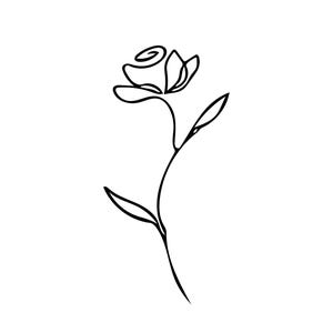 Könnte beinhalten: Eine minimalistische schwarze Strichzeichnung einer Rose. Die Blume wird mit einer einzigen durchgehenden Linie dargestellt, die die Blütenblätter, den Stiel und die Blätter vor einem weißen Hintergrund zeigt. Das Design ist schlicht und elegant.