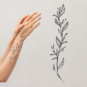 Minimalist Botanical Tattoo Design, Elegant Leaf Vine Tattoo, Black Line Art, Arm Sleeve Design, Downloadable Stencil, Modern Leaf Tattoo