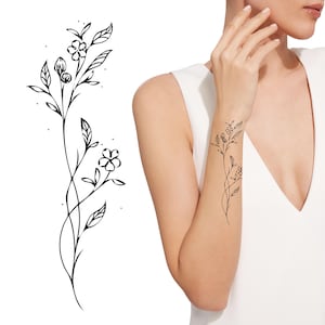 Line Art Modern Tattoo Design with Floral Elements, DIGITAL FILE, Simple Flower Graphic Drawing, Trendy Tiny Tattoo Design, Wraparound