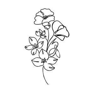Op de afbeelding: Een zwarte lijntekening van een bloemstuk op een witte achtergrond. De illustratie toont verschillende bloemen met gedetailleerde bloemblaadjes en bladeren, verbonden door dunne stelen. Het ontwerp is eenvoudig en elegant.