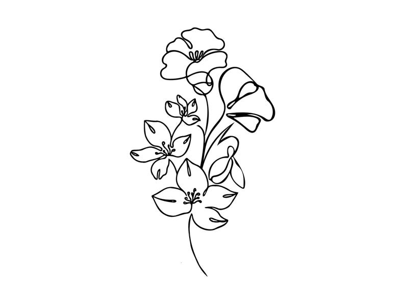 Op de afbeelding: Een zwarte lijntekening van een bloemstuk op een witte achtergrond. De illustratie toont verschillende bloemen met gedetailleerde bloemblaadjes en bladeren, verbonden door dunne stelen. Het ontwerp is eenvoudig en elegant.