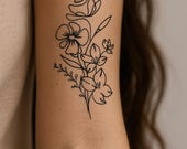 Custom Birth Flower Tattoo Design – Personalized Fine Line Floral Tattoo, Minimalist Digital Download for Women, Family or Memorial Ink