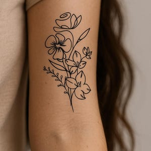 Custom Birth Flower Tattoo Design – Personalized Fine Line Floral Tattoo, Minimalist Digital Download for Women, Family or Memorial Ink