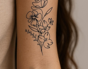 Custom Birth Flower Tattoo Design – Personalized Fine Line Floral Tattoo, Minimalist Digital Download for Women, Family or Memorial Ink
