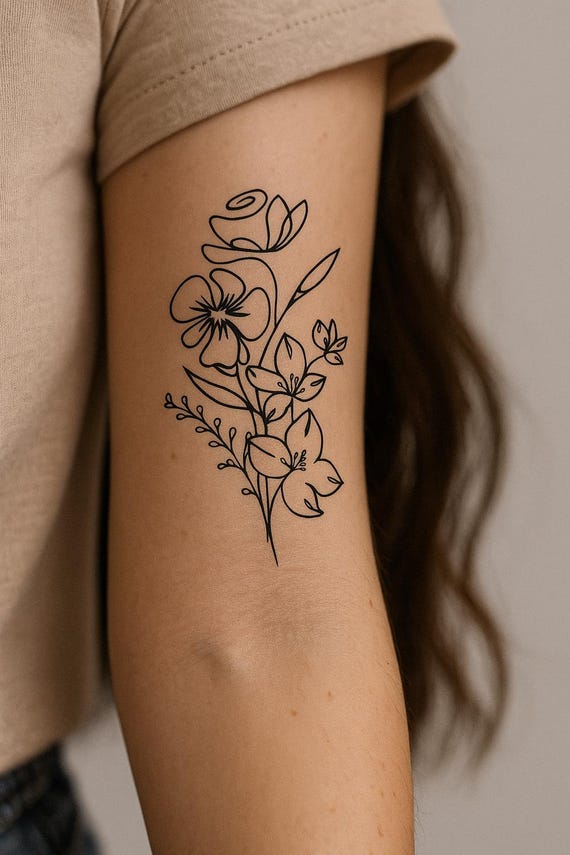 Custom Birth Flower Tattoo Design – Personalized Fine Line Floral Tattoo, Minimalist Digital Download for Women, Family or Memorial Ink