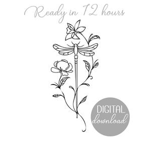 Dragonfly Custom Tattoo, Two Birth Flower Tattoo with Dragonfly ,DIGITAL DOWNLOAD, Personalized Family Tattoo, Custom Family Line Art Tattoo