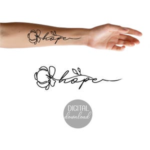 Peony Tattoo with Text, Line art Small Tattoo Design, Floral Black Ink Tattoo Commission Hope Tattoo,  Birth Flower Instant Download Stencil