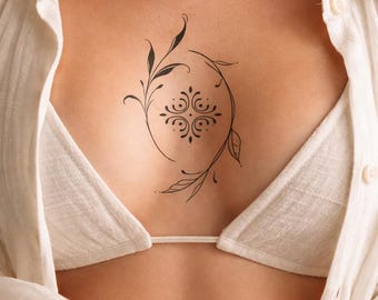Diseño de tatuaje de mandala de líneas finas, plantilla botánica ornamental espiritual para tatuaje en el esternón, símbolo de energía fluida, descarga de tatuaje minimalista