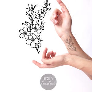 Cherry Blossom Line Art Tattoo Design, DIGITAL FILE Flower Line Art Black Ink Tattoo Commission, Blossom Drawing Tattoo,Modern Floral Tattoo