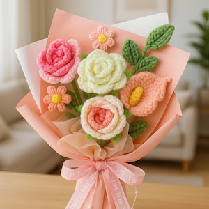 Pink Rose Crochet flowers bouquet, Handmade Crochet Flowers, Knitted Bouquet for Birthday, Wedding, Anniversary, Graduation Gift for Her