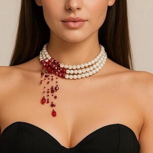 Vampire Bite Pearl Choker Necklace – Handmade Halloween Jewelry, Red Beaded Statement Necklace, Gothic Pearl Choker, Blood Drop Necklace