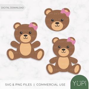 SVG Ourson Boucle Rose | Téléchargement numérique | Mignon Clipart Ourson | SVG PNG Superposé & Plat | Machine découpe | Cricut | Débutants