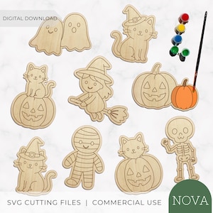 May include: A collection of light-colored wooden Halloween-themed cutouts including ghosts, cats in witch hats, a witch on a broom, pumpkins, a mummy, and a skeleton. A small paintbrush and a strip of five paint pots are included in the set.