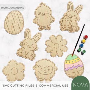 May include: A collection of wooden craft cutouts featuring an egg with dots, a chick, a rabbit holding an egg, a rabbit, two flowers, and a sheep. A paintbrush and a strip of five paint pots are included, with one egg painted in pastel colours.