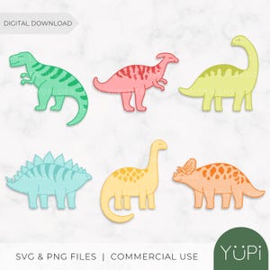 SVG Dinosaures souriants | Téléchargement numérique | Mignons Dinosaures | SVG PNG Superposé & Plat | Machine découpe | Cricut | Débutants