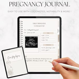 Peut inclure: Un journal de grossesse numérique affiché sur un écran de tablette, présentant une page d'échographie du premier trimestre avec des champs pour la date, la taille, la longueur, le poids et les prédictions. Une tablette montre la page de couverture.