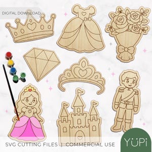 Peut inclure: Diverses découpes en bois sur le thème des princesses, dont une couronne, une robe, un diamant, un diadème, une princesse, un château, un prince et un bouquet. L'image montre également de la peinture et un pinceau. Le texte indique "TÉLÉCHARGEMENT NUMÉRIQUE" et "FICHIERS DE DÉCOUPE SVG | UTILISATION COMMERCIALE".