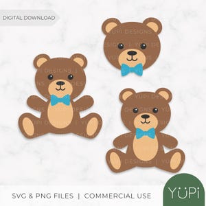 SVG Ourson Boucle Bleue | Téléchargement numérique | Mignon Clipart Ourson | SVG PNG Superposé & Plat | Machine découpe | Cricut | Débutants