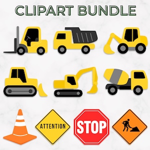 May include: A collection of construction-themed clipart, featuring yellow vehicles like a forklift, dump truck, and excavator. Also includes an orange traffic cone, caution and stop signs, and a construction worker sign. The text "CONSTRUCTION CLIPART BUNDLE" is at the top.