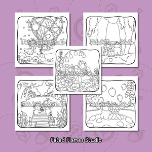 May include: Five black and white coloring pages featuring whimsical characters in nature scenes, including a hot air balloon, a forest swing, a flower garden, a wooden dock, and a mushroom. Each page includes the text Fated Flames Studio.