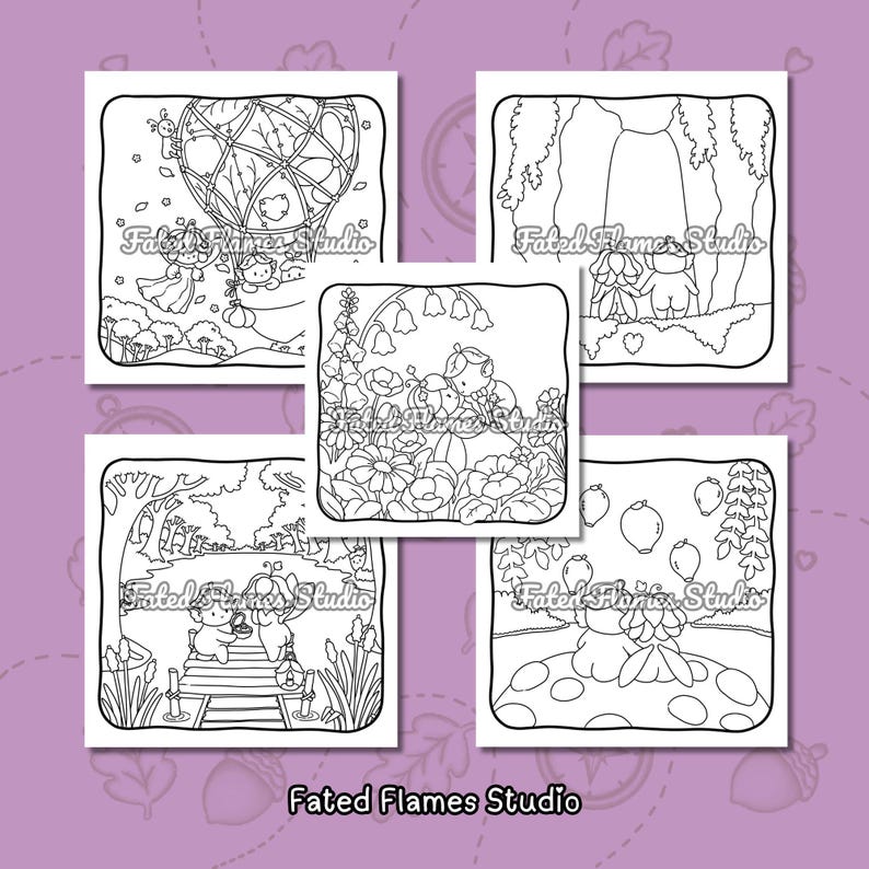 May include: Five black and white coloring pages featuring whimsical characters in nature scenes, including a hot air balloon, a forest swing, a flower garden, a wooden dock, and a mushroom. Each page includes the text Fated Flames Studio.