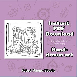 May include: A black and white coloring page featuring two small, whimsical characters standing before a floral archway. The text reads Instant PDF Download, No watermarks on actual page, Hand-drawn art, and Fated Flames Studio.